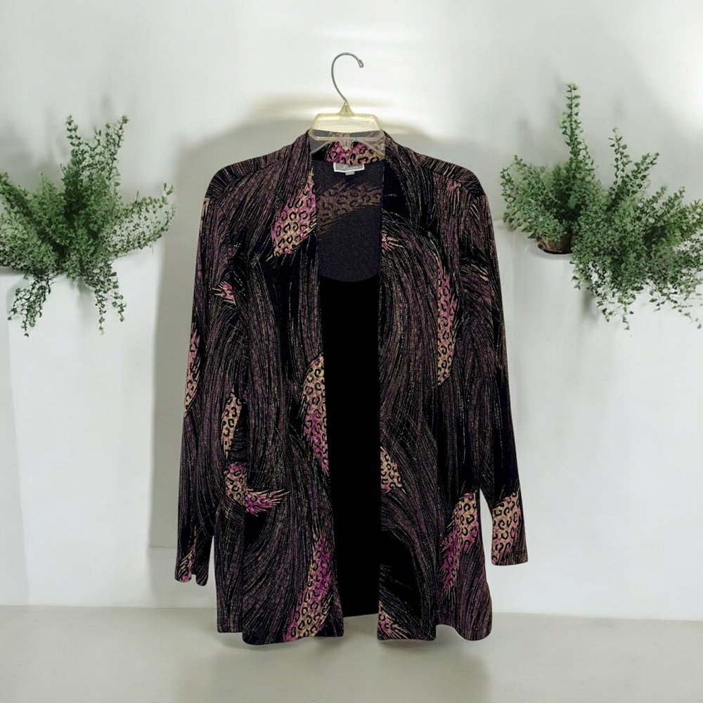 JM Collection Animal Print Feather Design Layered Long Sleeve Blouse 2X